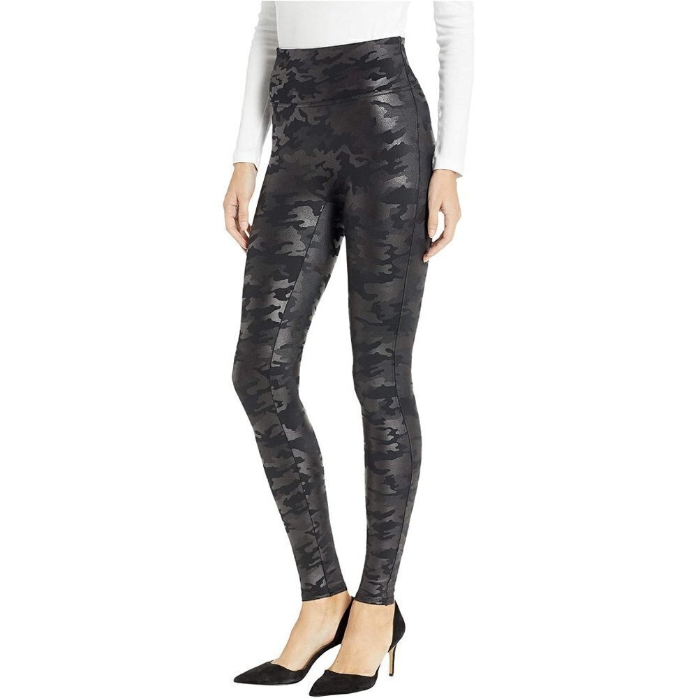 SPANX‎ Faux Leather Legging Womens M Matte Black Camo High Rise 20185R Slimming
